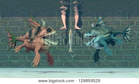 Computer generated 3D illustration with fisherman, fishing bait and monstrous fish