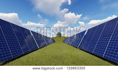 Solar panels against a blue sky with clouds