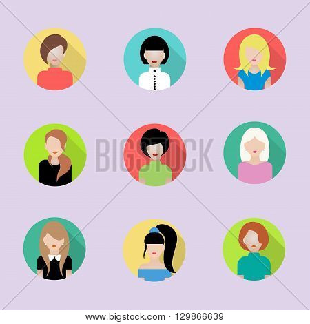 Set of flat symbols of portraits with people. Nine different images of women. Can be used for the websites and forums