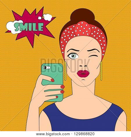 Pop art girl winks. Comic woman with badge smile. Pop art girl with scarf on her head. Pop art brunette girl takes a selfie on smartphone