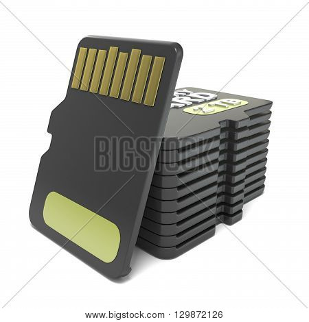 Memory micro sd card stack. 3D render illustration isolated on white background