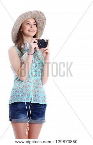 Portrait of happy tourist woman in hat on holiday on white backgraund