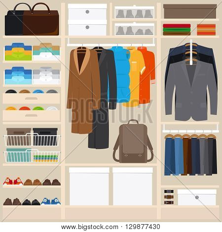 Clothes wardrobe vector illustration. Wardrobe room with mens cloths in flat style