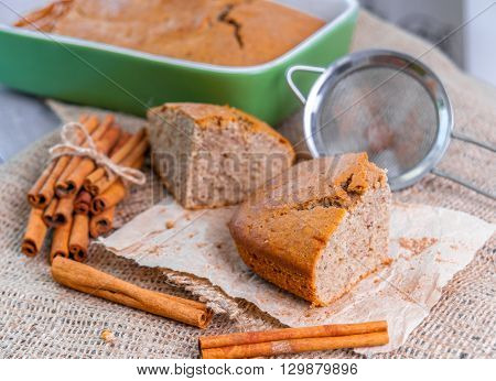 Delicious fresh homemade cinnamon loaf cake in the ceramic dish
