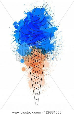 Vector illustration of cartoon outline ice cream with watercolor splashes