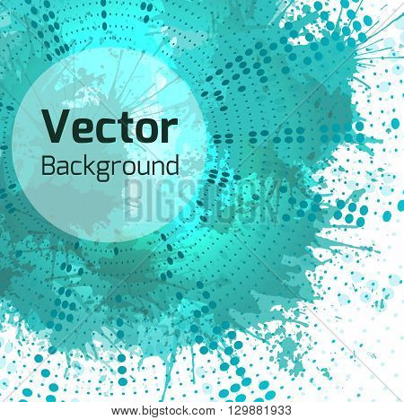 Vector background with halftone pattern turquoise watercolor splashes and place for text. Element for brochures cards web elements and your design
