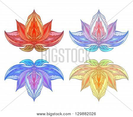 Set of color Lotus with boho pattern. Vector element for spa centers, yoga studios. Hand drawn. Doodle elements for your design