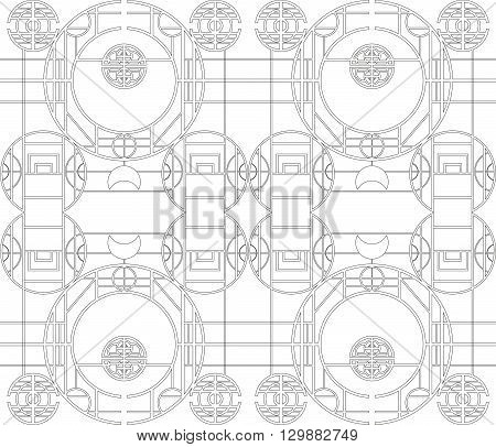 Black and white seamless texture with a Chinese pattern. Line drawing. Vector background. Chinese ornament
