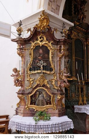 URSBERG, GERMANY - JUNE 09: Saint John of Nepomuk altar in the monastery church of St. John in Ursberg, Germany on June 09, 2015.