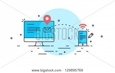 Abstract line art mail sending composition. Computer and smartphone receiving message. Simple design world map on the background