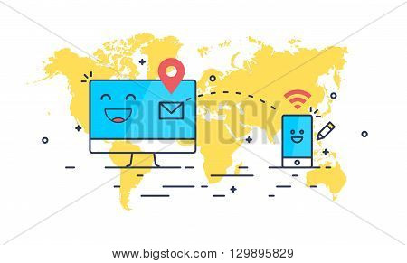 Abstract line art mail sending composition. Computer and smartphone receiving message. Simple design world map on the background