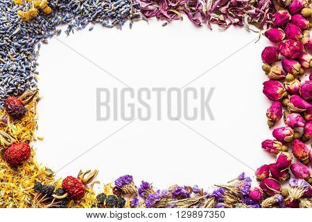 Border Of Healthy Herbs And Herbal Tea Assortment On White Background. Flat Lay Frame Composition, T