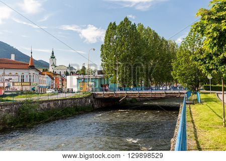 View To The Buildings Near Revuca River In The City Center Of Ruzomberok, Slovakia