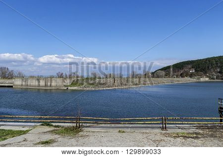 Look toward barrage wall of picturesque  dam, gather water of Iskar river, Pancharevo, Bulgaria