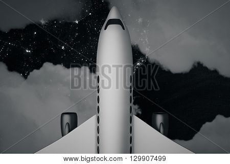Top view of front half of airplane with illumintaed night city peeking through clouds. 3D Rendering