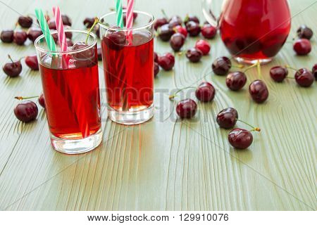 Left 2 glasses of juice, green straws, scattered cherries, jar of cherry juice, on right empty space for text on green background. Cherries, cherry juice and empty space. Horizontal.
