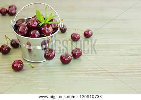 In the frame on the left a small bucket with cherries, around scatterd cherries, on the right empty space on a light green background. Bucket of cherries with mint leaves. Horizontal. Daylight.