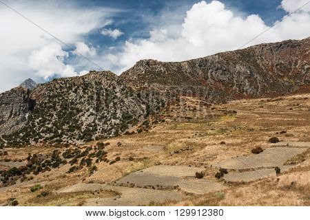 Mountain pastures with yak grazin under dramatic sky. Annapurna region in Nepal.