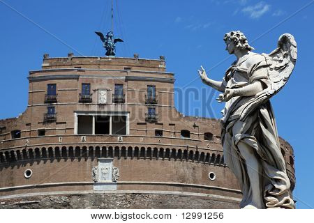 Sant' Angelo Castel and beautiful old sculpture at day in Rome, Italy.