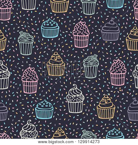 Vector seamless pattern with sweet cape cakes. Hand drawn doodle muffin and confetti.