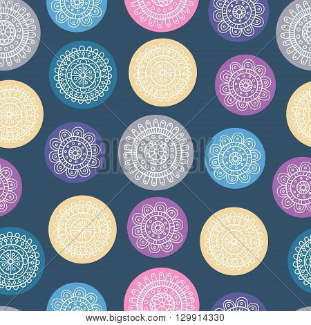 Vector doodle flowers in color circles. Seamless pattern yellow. pink purple grey and blue colors.