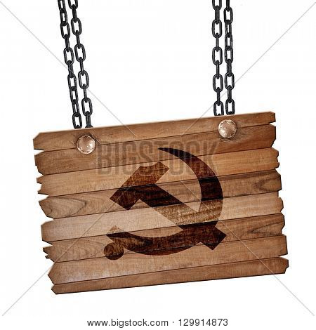 Communist sign with red and yellow colors, 3D rendering, wooden 