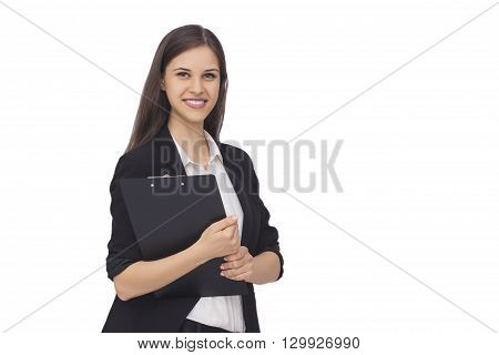 Young succesfull businesswoman hugs tablet on isolated background