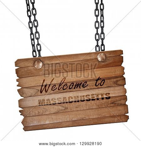 Welcome to masschusetts, 3D rendering, wooden board on a grunge 