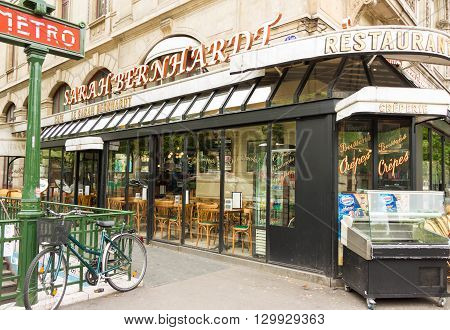 Paris France-May 16 2016 : The famous Franch cafe Sarah Bernardt named afterthe famed Parisian actress and singer located at place du Chatelet in Paris.