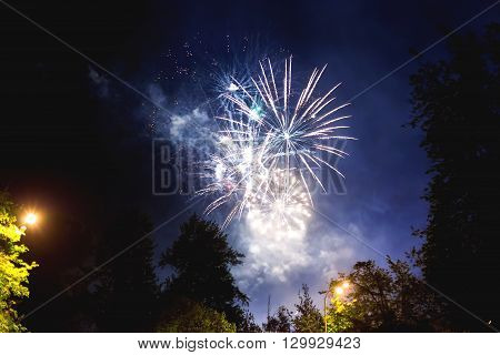 Fireworks in Odintsovo town (Moscow region). Victory day, May 9, 2016. Russia.