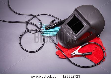 Welding equipment, welding mask, protective leather gloves, welding electrodes, high-voltage wires with clips, set of accessories for arc welding.