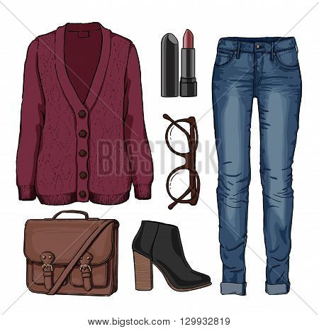 Lady fashion set of autumn, spring, winter season outfit. Illustration stylish and trendy clothing. Cardigan, denim, glasses, schoolbag, shoes, boots