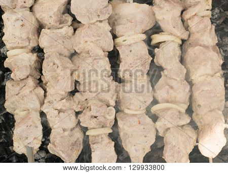 Shish kebab on charcoal in a smokes