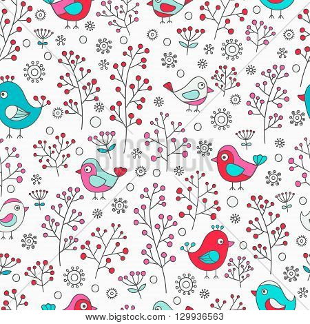 Floral seamless pattern with birds and berries. Hand drawn birds and plants. Vector pattern for kids. Colorful elements on white background.