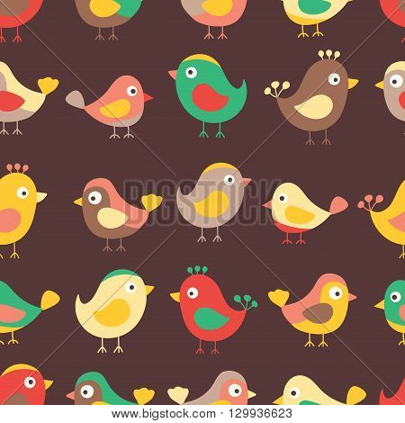 Hand drawn seamless pattern with cute birds. Fun birds for kids design. Vector. Autmn colors - red yellow brawn and green. On brawn background.