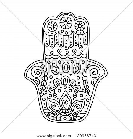 Vector hand drawn doodle hamsa with ornament. Hand with tribal doodle ornament.