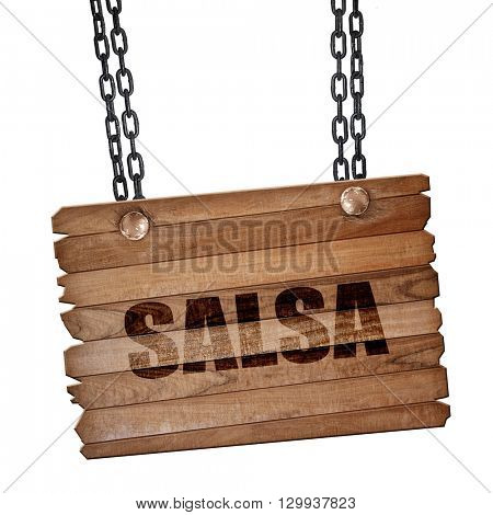salsa dance, 3D rendering, wooden board on a grunge chain