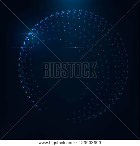 3d abstract shape consist of glowing dots . Colorful magic shiny globe . Digital connection. Blue glitter particles .Technology concept . Neon glowing and reflections .Globe Grid . Abstract circles