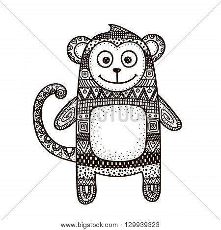 Vector hand drawn doodle monkey. Figure with doodle ornament. Ethnic tribal monkey. Cute design for children. Black on white.