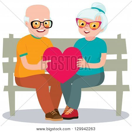 Senior married couple sits on a bench holding a heart symbol Stock vector illustration