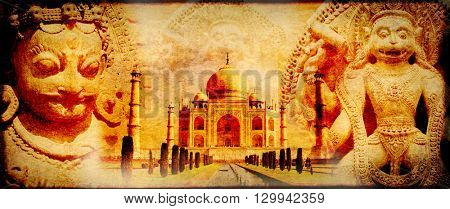 Grunge background with paper texture and landmarks of India - Taj Mahal, statues of Hindu gods