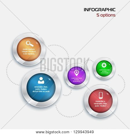 Vector circle buttons for infographic. Template for presentation. Business concept with 5 options, parts, steps or processes. elements with glass surface. red green blue violet orange silver