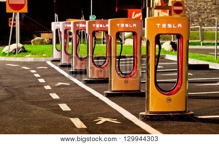 BRENNER, ITALY - MAY 8, 2016: Tesla charging stations are located throughout EU to accommodate owners of the electric car.