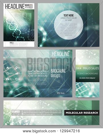 Set of business templates for presentation, brochure, flyer or booklet. DNA molecule structure on dark geen background. Science vector background.