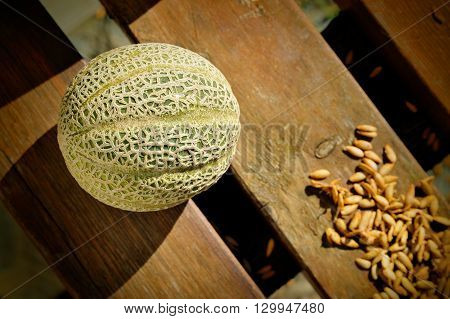 fresh melon on wooden background with seeds