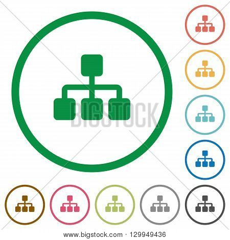 Set of network color round outlined flat icons on white background