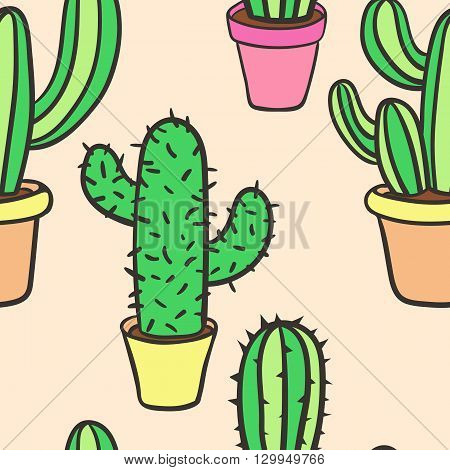 Seamless pattern with cactus. Pattern of cactus. Cacti in pots. Vector background. Cute cartoon cactus pattern.