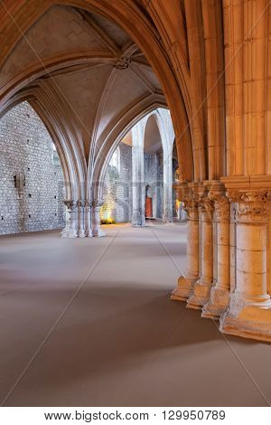 Santarem, Portugal. September 10, 2015: View under the High-Choir porch in the Church of the Sao Francisco Convent. 13th century Mendicant Gothic Architecture. Franciscan Religious Order.