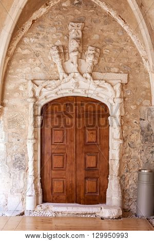 Santarem, Portugal. September 10, 2015: Manueline Portal in the Sao Francisco Convent. 13th century Mendicant Gothic Architecture. Franciscan Religious Order.