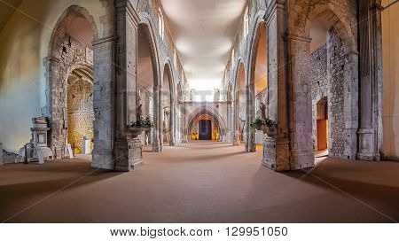 Santarem, Portugal. September 9, 2015: The Church naves and high-choir of the Sao Francisco Convent. 13th century Mendicant Gothic Architecture. Franciscan Religious Order.